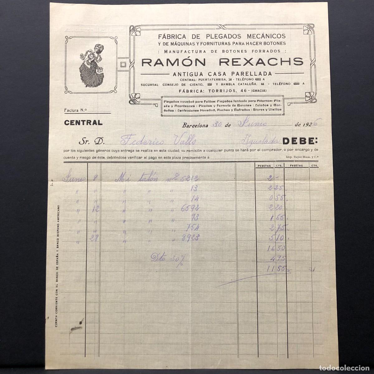Facturas antiguas: FACTURA COMERCIAL - RAM&Oacute;N REXACHS - F&Aacute;BRICA DE PLEGADOS MEC&Aacute;NICOS - BARCELONA 1926 - RAR&Iacute;SIMO / 86