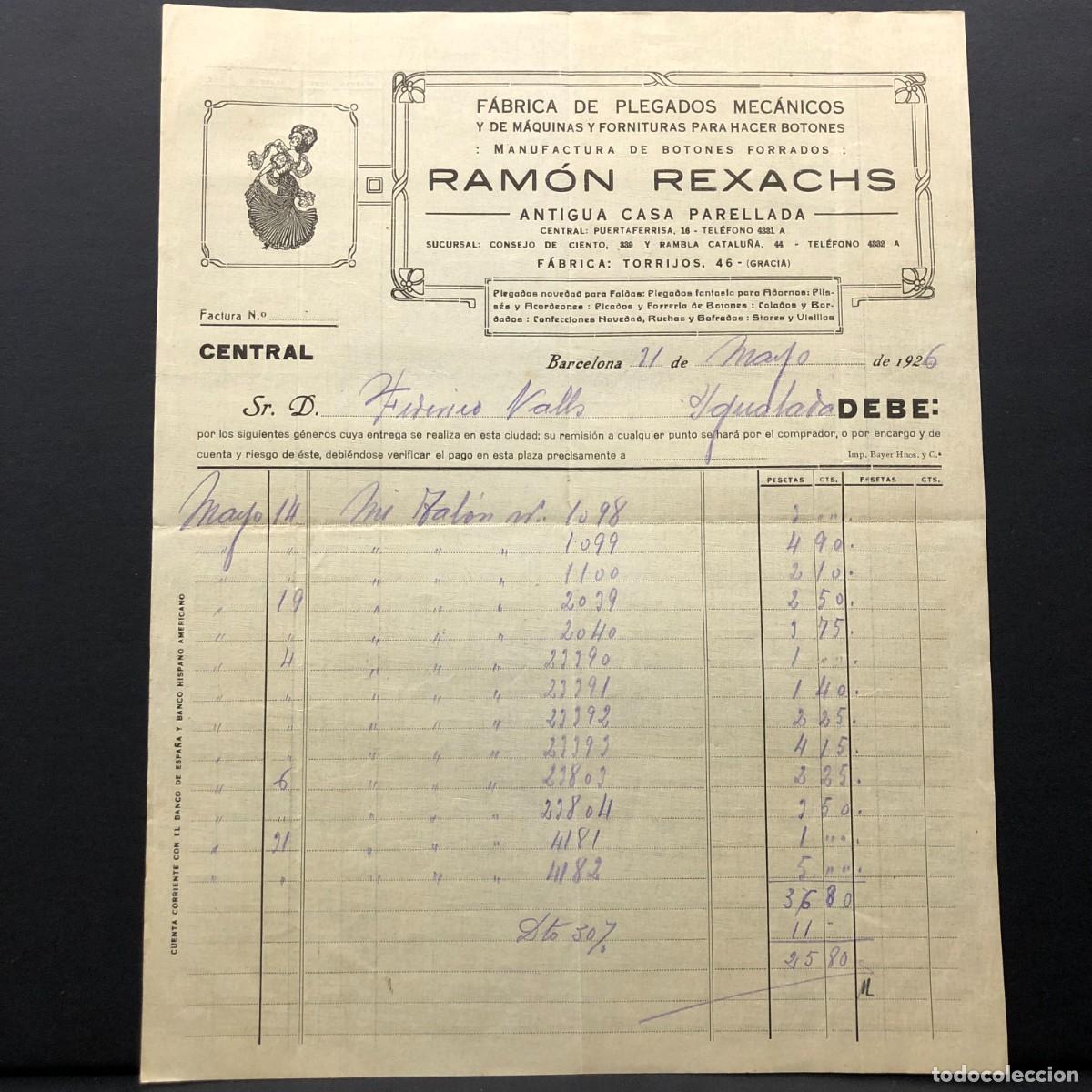 Facturas antiguas: FACTURA COMERCIAL - RAM&Oacute;N REXACHS - F&Aacute;BRICA DE PLEGADOS MEC&Aacute;NICOS - BARCELONA 1926 - RAR&Iacute;SIMO / 87