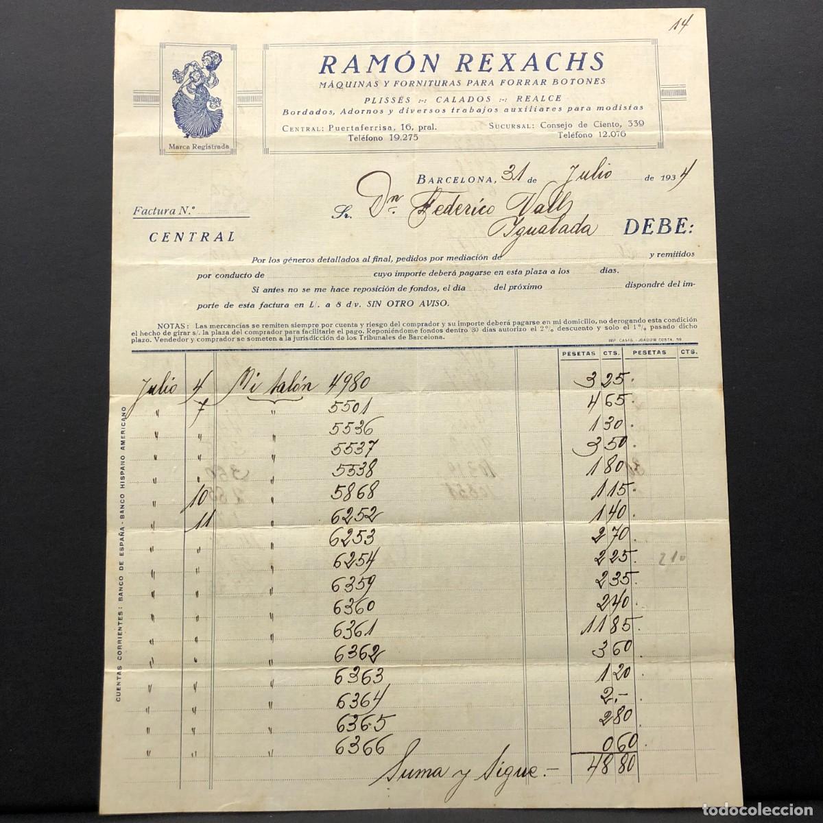 Facturas antiguas: FACTURA COMERCIAL - RAM&Oacute;N REXACHS - F&Aacute;BRICA DE PLEGADOS MEC&Aacute;NICOS - BARCELONA 1934 - RAR&Iacute;SIMO / 89