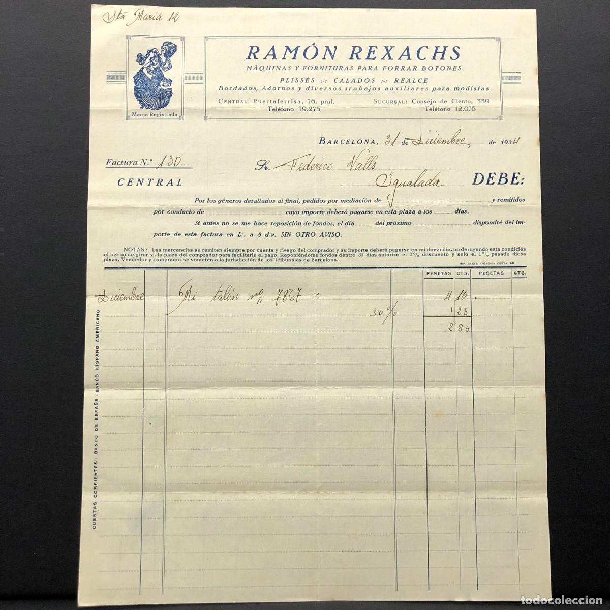 Facturas antiguas: FACTURA COMERCIAL - RAM&Oacute;N REXACHS - F&Aacute;BRICA DE PLEGADOS MEC&Aacute;NICOS - BARCELONA 1934 - RAR&Iacute;SIMO / 90