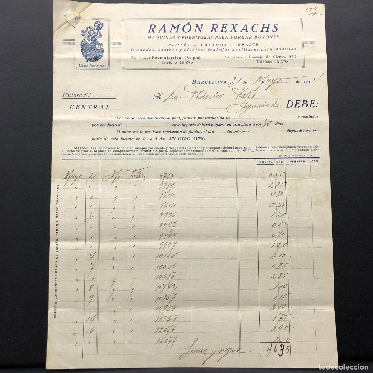 Facturas antiguas: FACTURA COMERCIAL - RAM&Oacute;N REXACHS - F&Aacute;BRICA DE PLEGADOS MEC&Aacute;NICOS - BARCELONA 1934 - RAR&Iacute;SIMO / 91