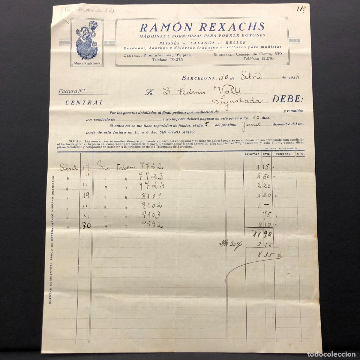Facturas antiguas: FACTURA COMERCIAL - RAM&Oacute;N REXACHS - F&Aacute;BRICA DE PLEGADOS MEC&Aacute;NICOS - BARCELONA 1934 - RAR&Iacute;SIMO / 92