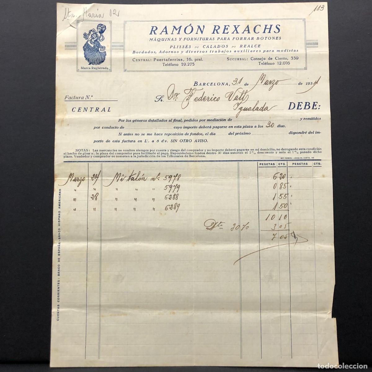 Facturas antiguas: FACTURA COMERCIAL - RAM&Oacute;N REXACHS - F&Aacute;BRICA DE PLEGADOS MEC&Aacute;NICOS - BARCELONA 1934 - RAR&Iacute;SIMO / 93