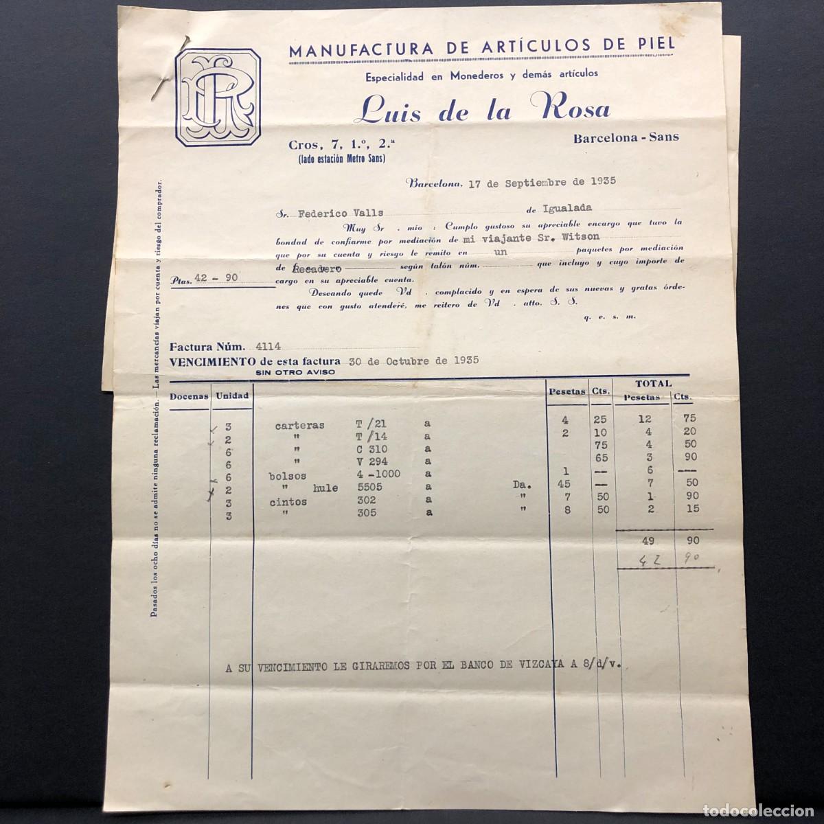 Facturas antiguas: FACTURA COMERCIAL - MANUFACTURA DE ART&Iacute;CULOS DE PIEL LUIS DE LA ROSA - 1935 BARCELONA RAR&Iacute;SIMO / 94