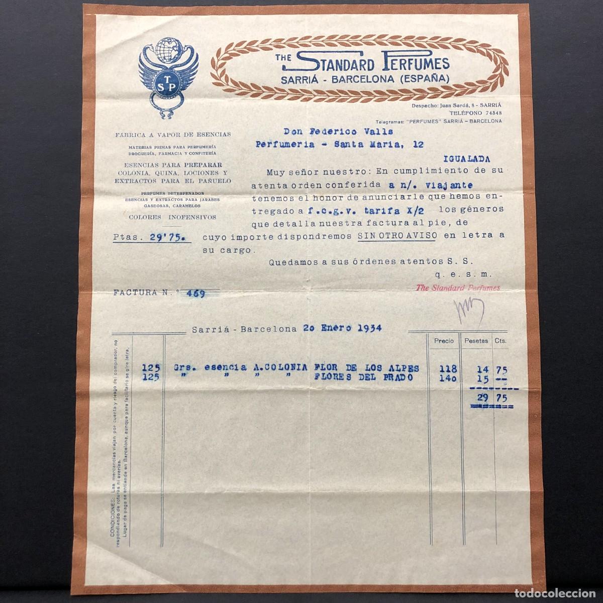 Facturas antiguas: FACTURA COMERCIAL - THE STANDARD PERFUMES SARRI&Aacute; - BARCELONA - 1934 - RAR&Iacute;SIMO / 97