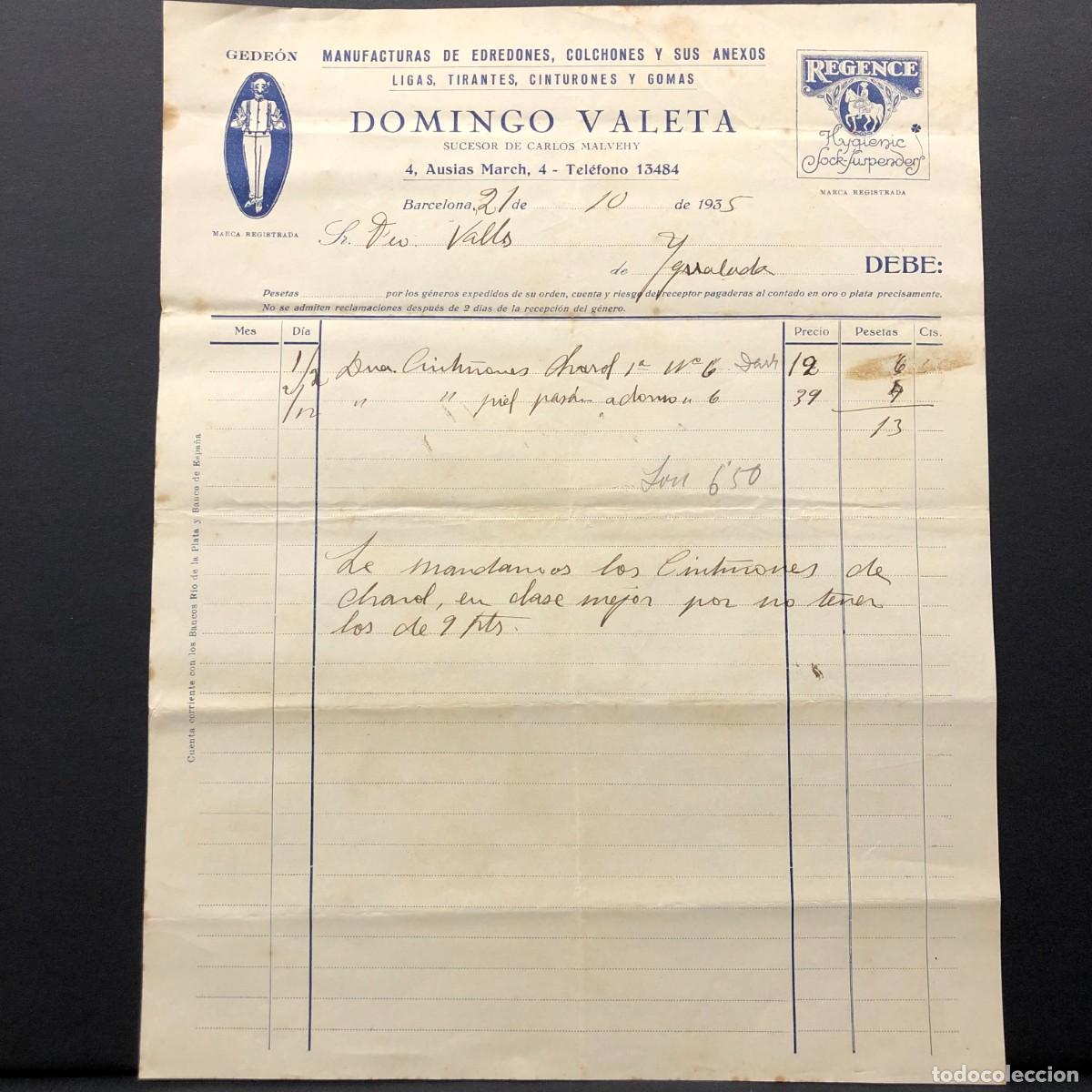 Facturas antiguas: FACTURA COMERCIAL - DOMINGO VALETA - MANUFACTURAS DE EDREDONES Y COLCHONES - 1935 - RAR&Iacute;SIMO / 98