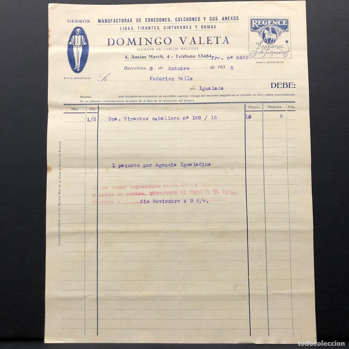 Facturas antiguas: FACTURA COMERCIAL - DOMINGO VALETA - MANUFACTURAS DE EDREDONES Y COLCHONES - 1935 - RAR&Iacute;SIMO / 99