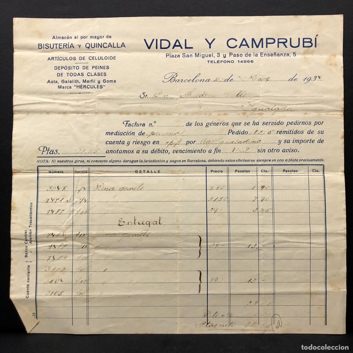 Facturas antiguas: FACTURA COMERCIAL - VIDA Y CAMPRUB&Iacute; - BISUTER&Iacute;A Y QUINCALLA - 1934 - RAR&Iacute;SIMO / 100