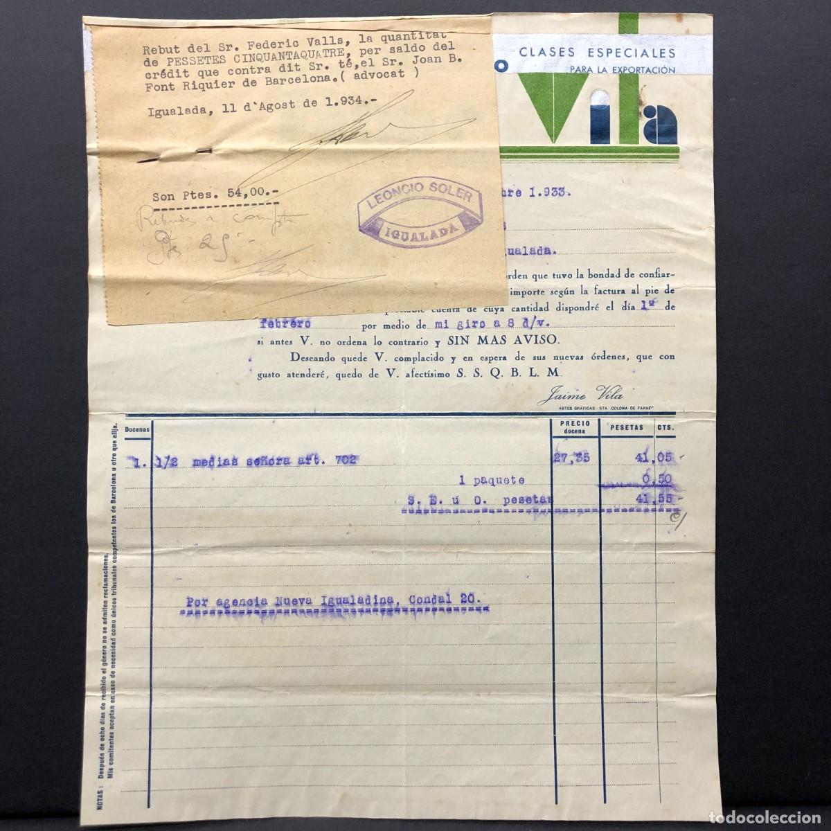 Facturas antiguas: FACTURA COMERCIAL - G&Eacute;NEROS DE PUNTO - JAIME VILA - 1933 Y 1934 - RAR&Iacute;SIMO / 101