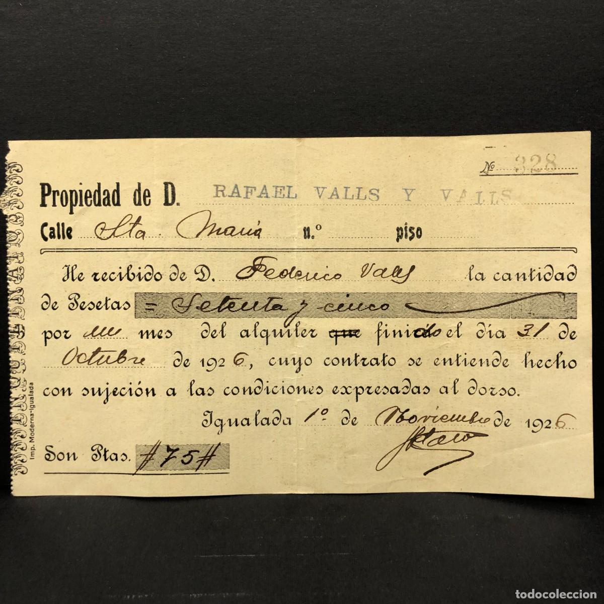 Facturas antiguas: RECIBO COMERCIAL - RAFAEL VALLS Y VALLS - IGUALADA - 1926 - RAR&Iacute;SIMO / 102