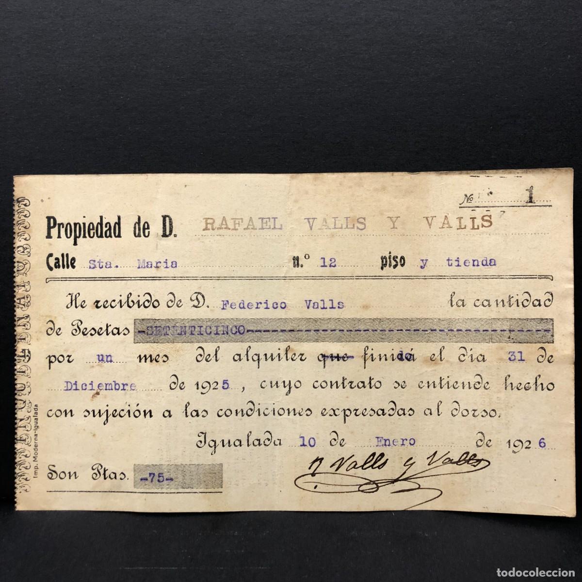Facturas antiguas: RECIBO COMERCIAL - RAFAEL VALLS Y VALLS - IGUALADA - 1926 - RAR&Iacute;SIMO / 103