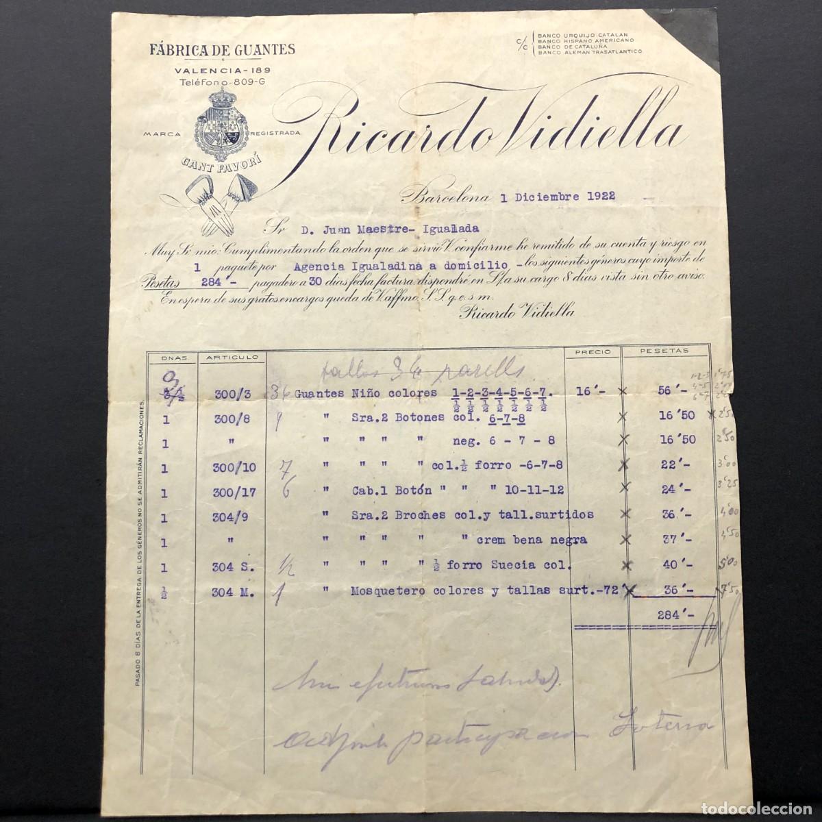 Facturas antiguas: RECIBO COMERCIAL - RICARDO VIDIELLA F&Aacute;BRICA GUANTES - BARCELONA - 1922 - IGUALADA - RAR&Iacute;SIMO / 104