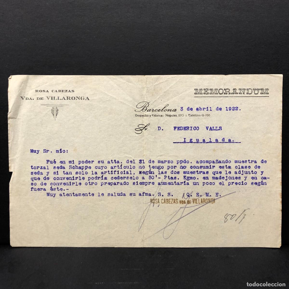 Facturas antiguas: CARTA COMERCIAL - ROSA CABEZAS VDA. DE VILLARONGA - MEMORANDUM - 1922 - IGUALADA - RAR&Iacute;SIMO / 105