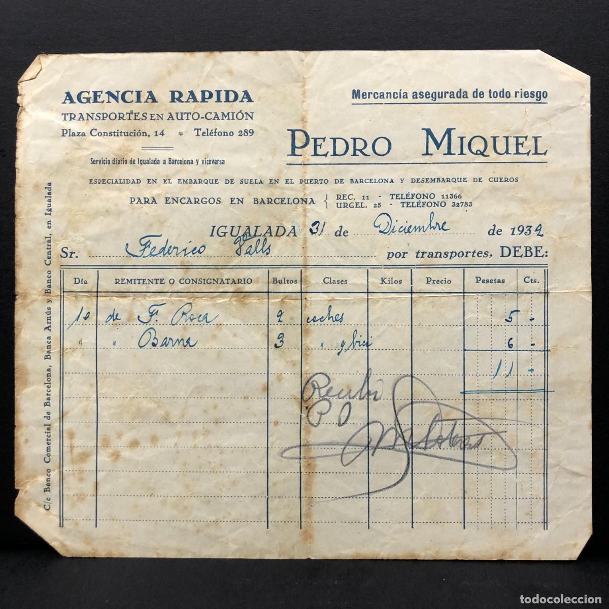 Facturas antiguas: CARTA COMERCIAL - AGENCIA RAPIDA - PEDRO MIQUEL - IGUALADA 1932 - RAR&Iacute;SIMO / 106