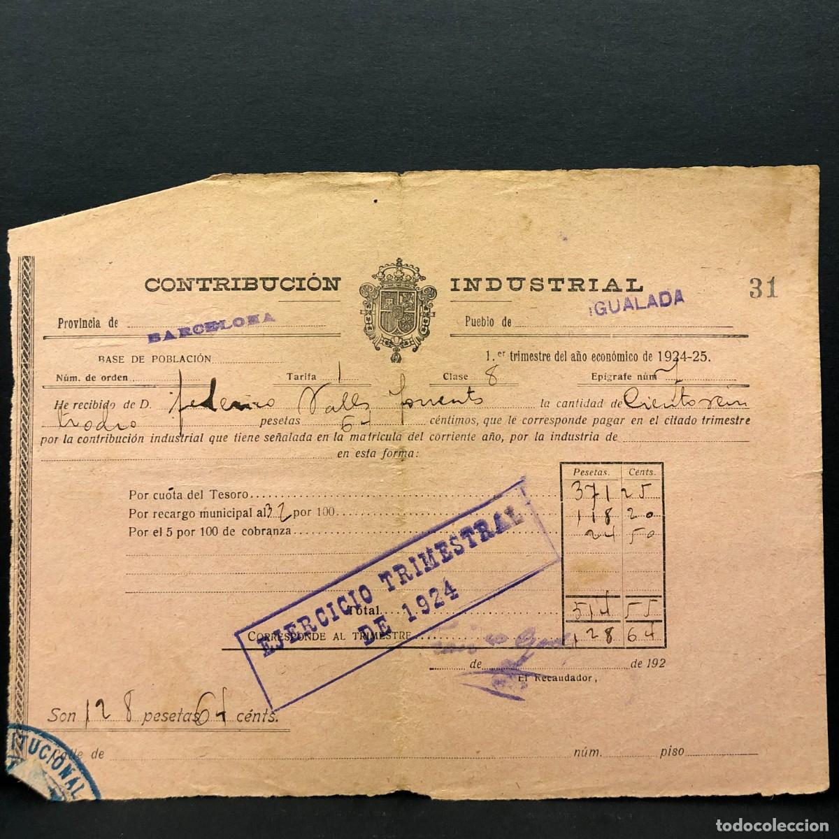 Facturas antiguas: RECIBOS - CONTRIBUCION INDUSTRIAL - 1924 - IGUALADA - HACIENDA P&Uacute;BLICA - RAR&Iacute;SIMO / 108