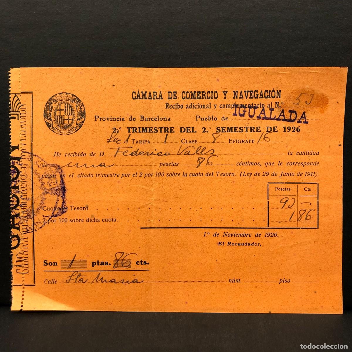 Facturas antiguas: RECIBOS - CONTRIBUCION INDUSTRIAL - 1926 - IGUALADA - RAR&Iacute;SIMO / 111