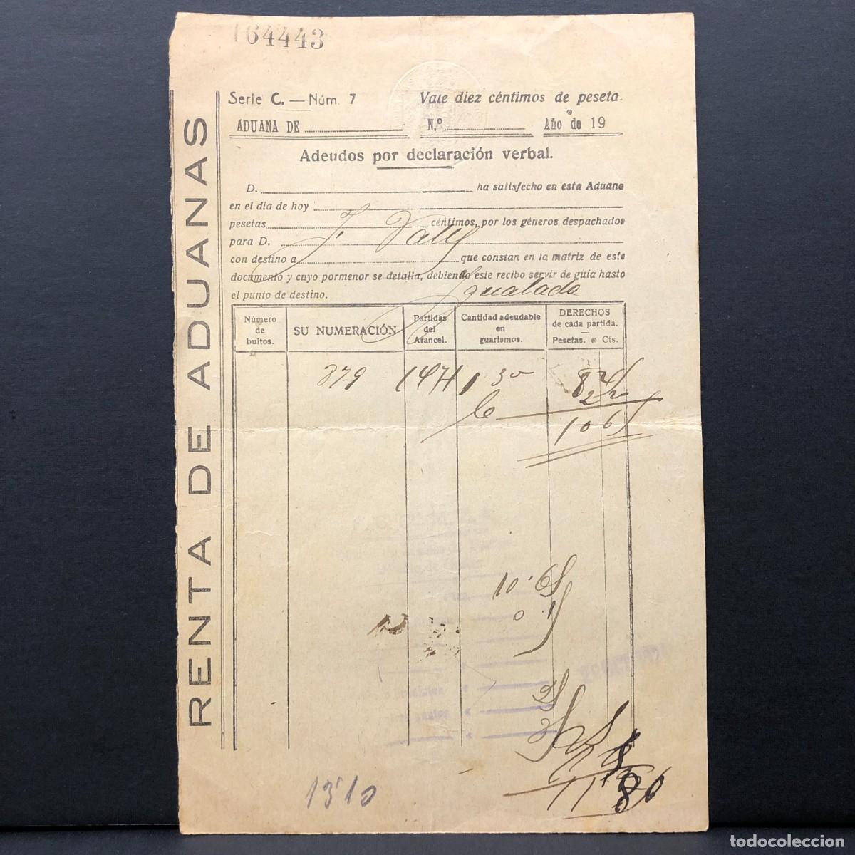 Facturas antiguas: RECIBO - RENTA DE ADUANAS - IGUALADA - RAR&Iacute;SIMO / 113