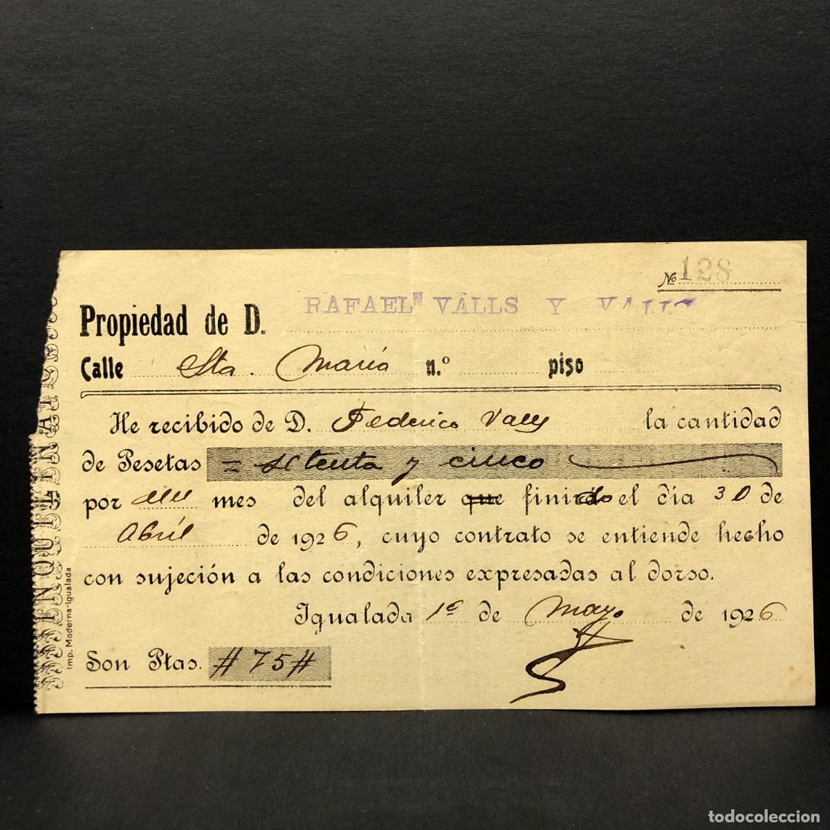 Facturas antiguas: RECIBO COMERCIAL - RAFAEL VALLS Y VALLS - IGUALADA - 1926 - RAR&Iacute;SIMO / 114
