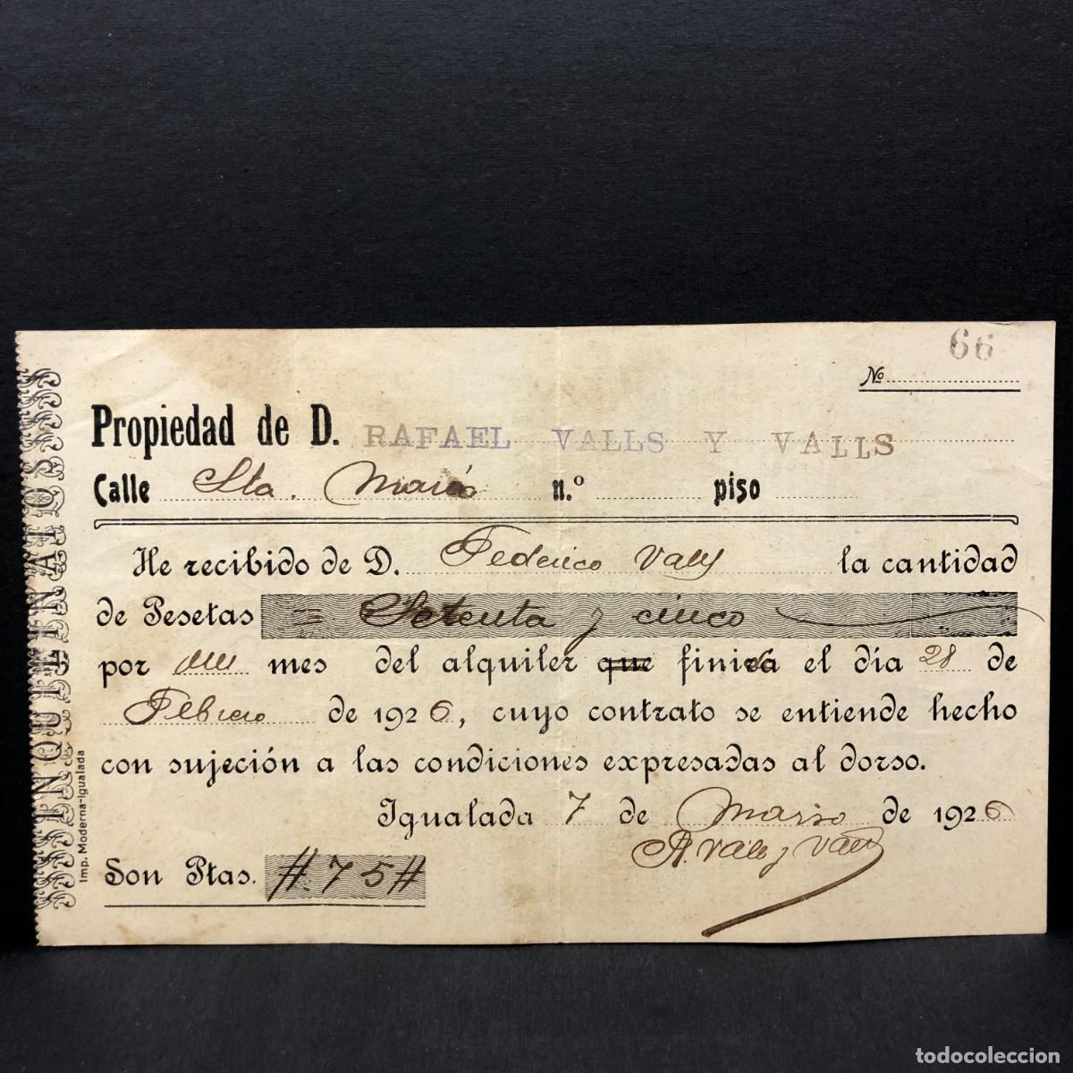 Facturas antiguas: RECIBO COMERCIAL - RAFAEL VALLS Y VALLS - IGUALADA - 1926 - RAR&Iacute;SIMO / 115