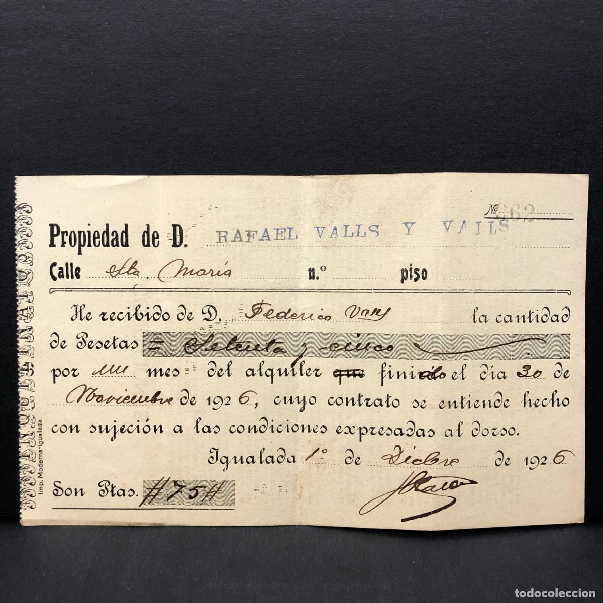 Facturas antiguas: RECIBO COMERCIAL - RAFAEL VALLS Y VALLS - IGUALADA - 1926 - RAR&Iacute;SIMO / 116