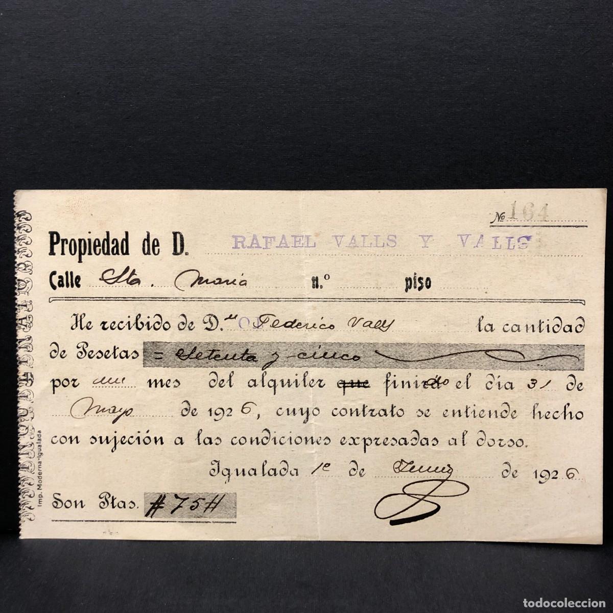 Facturas antiguas: RECIBO COMERCIAL - RAFAEL VALLS Y VALLS - IGUALADA - 1926 - RAR&Iacute;SIMO / 117