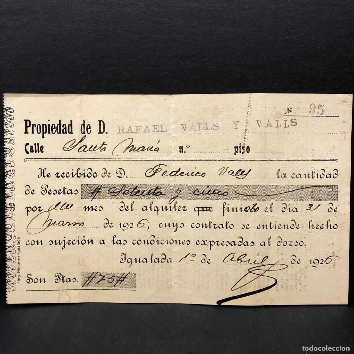 Facturas antiguas: RECIBO COMERCIAL - RAFAEL VALLS Y VALLS - IGUALADA - 1926 - RAR&Iacute;SIMO / 118