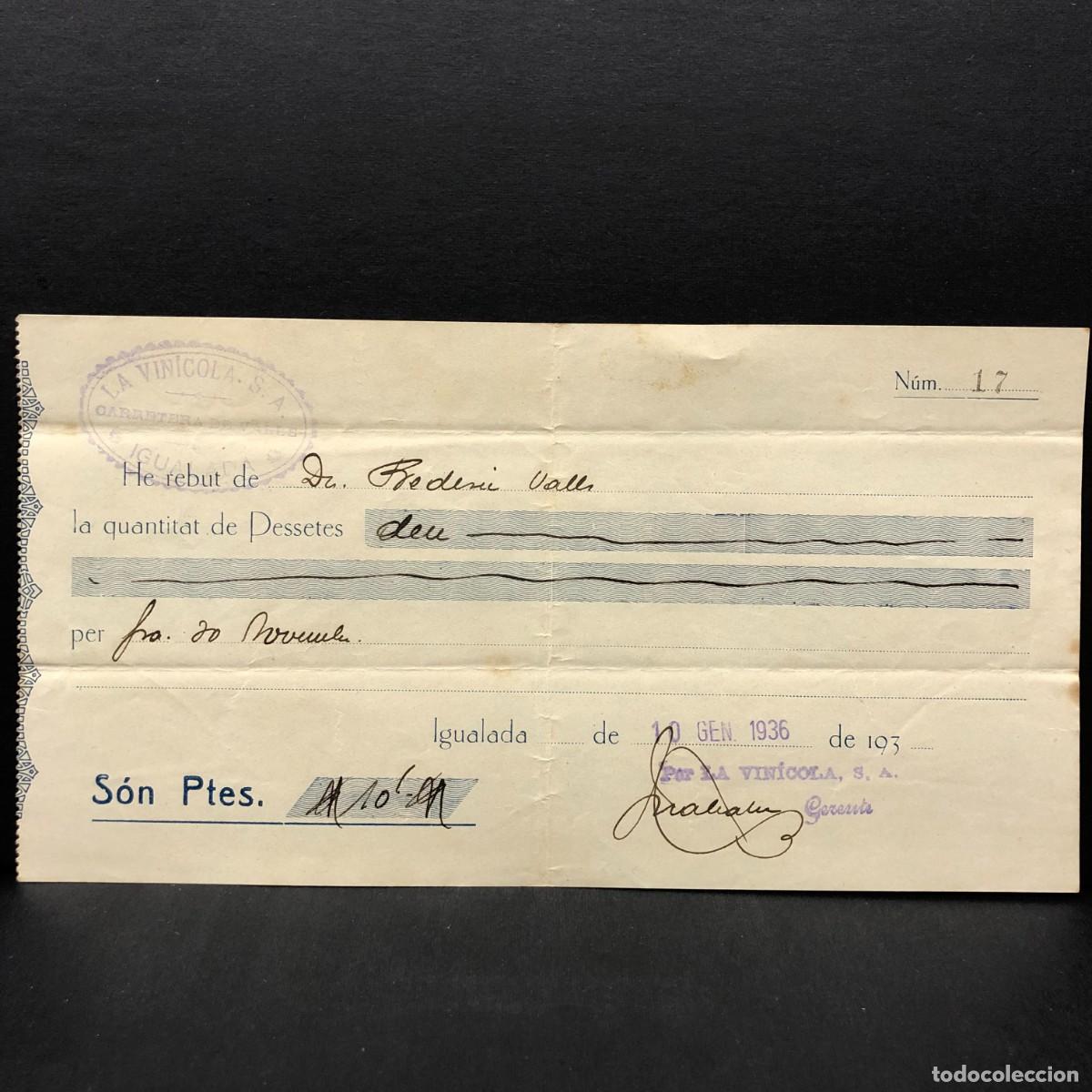 Facturas antiguas: RECIBO COMERCIAL - LA VIN&Iacute;COLA, S.A. - 1936 - RAR&Iacute;SIMO / 119