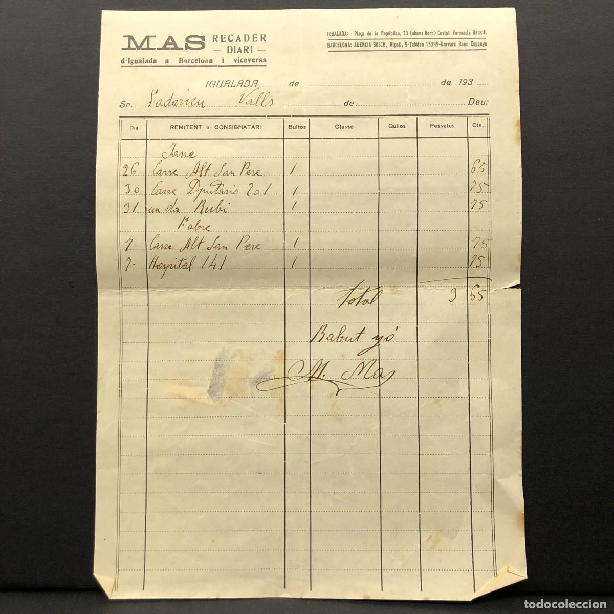 Facturas antiguas: RECIBO COMERCIAL - MAS - RECADER DIARI D'IGUALADA A BARCELONA - 1933 - RAR&Iacute;SIMO / 121