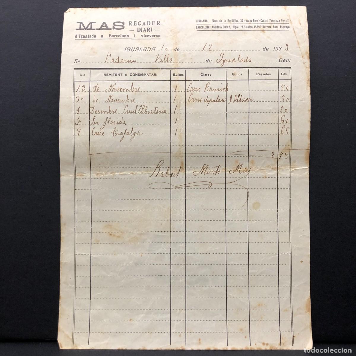 Facturas antiguas: RECIBO COMERCIAL - MAS - RECADER DIARI D'IGUALADA A BARCELONA - 1933 - RAR&Iacute;SIMO / 122