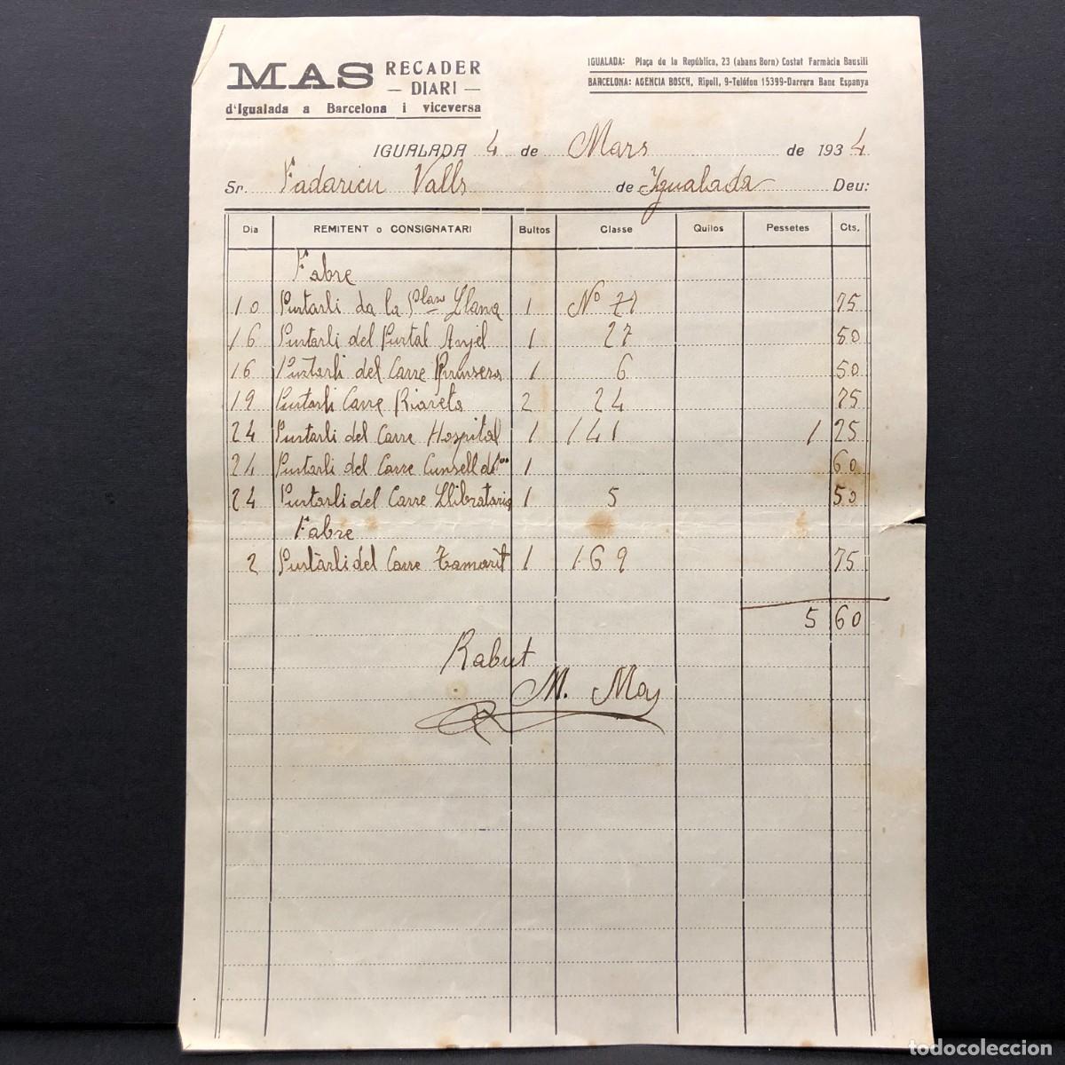 Facturas antiguas: RECIBO COMERCIAL - MAS - RECADER DIARI D'IGUALADA A BARCELONA - 1934 - RAR&Iacute;SIMO / 123