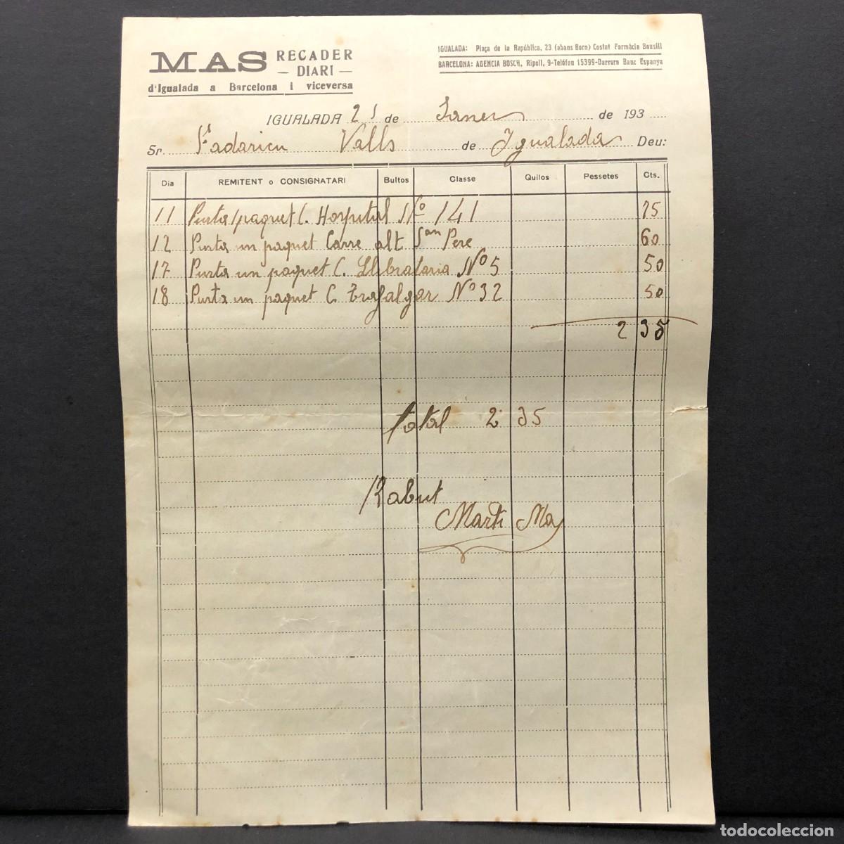 Facturas antiguas: RECIBO COMERCIAL - MAS - RECADER DIARI D'IGUALADA A BARCELONA - 1934 - RAR&Iacute;SIMO / 124