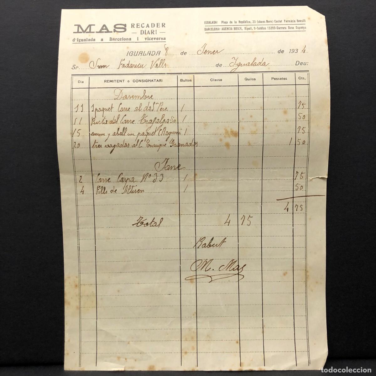 Facturas antiguas: RECIBO COMERCIAL - MAS - RECADER DIARI D'IGUALADA A BARCELONA - 1934 - RAR&Iacute;SIMO / 125