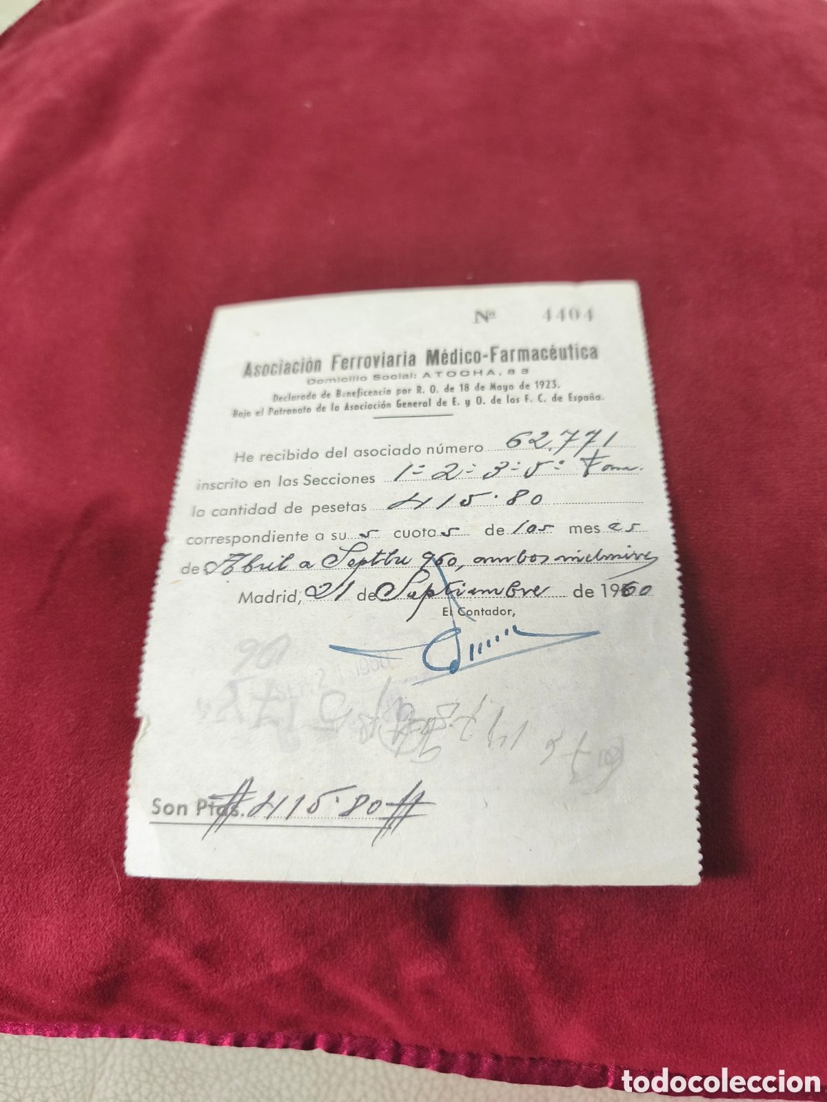 Facturas antiguas: Antiguo documento . Asociaci&oacute;n Ferroviaria M&eacute;dico - Farmac&eacute;utica.A&ntilde;o 1960