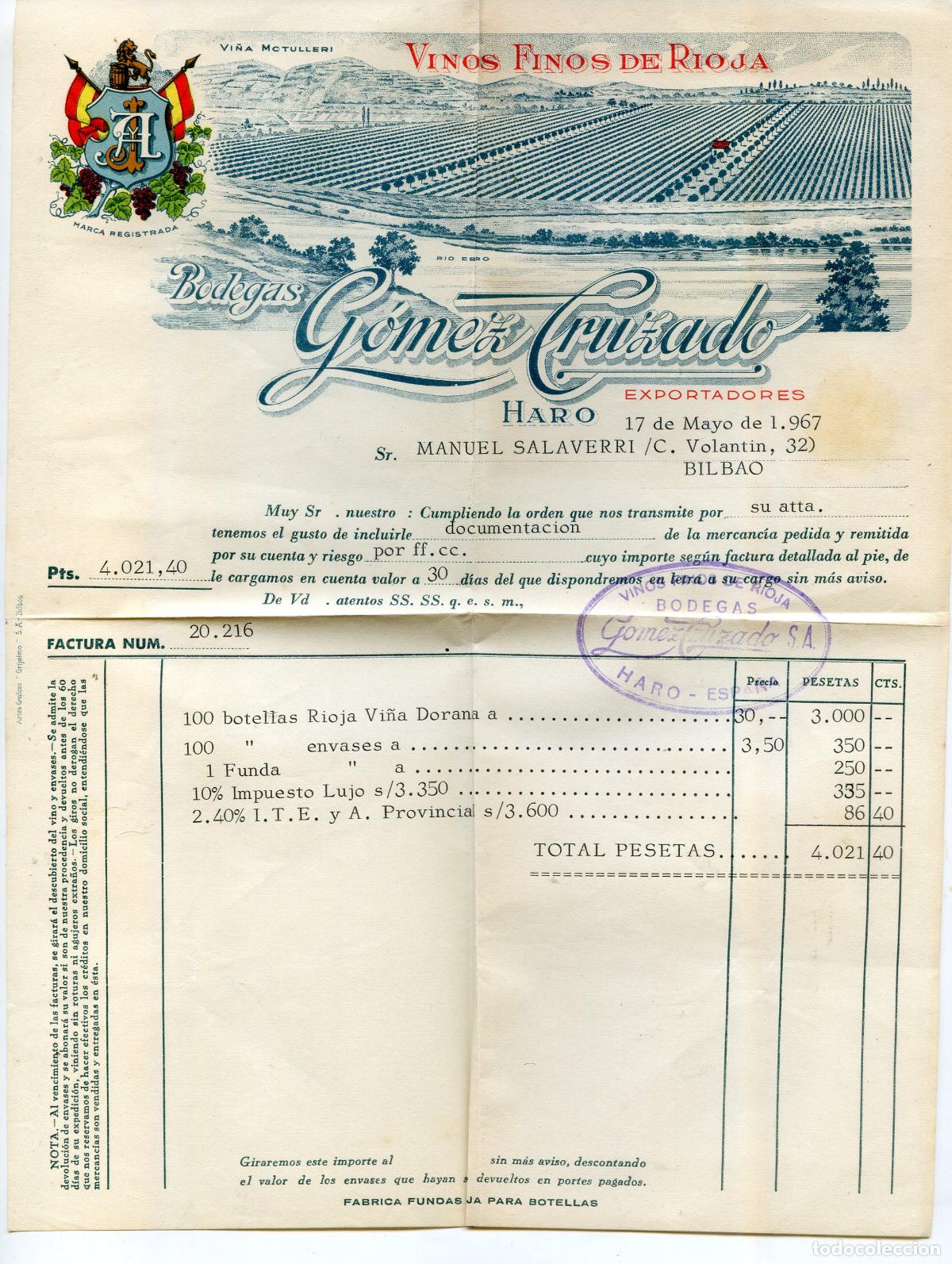 Facturas antiguas: Factura de bodegas G&oacute;mez Cruzado, de Haro, bonito membrete