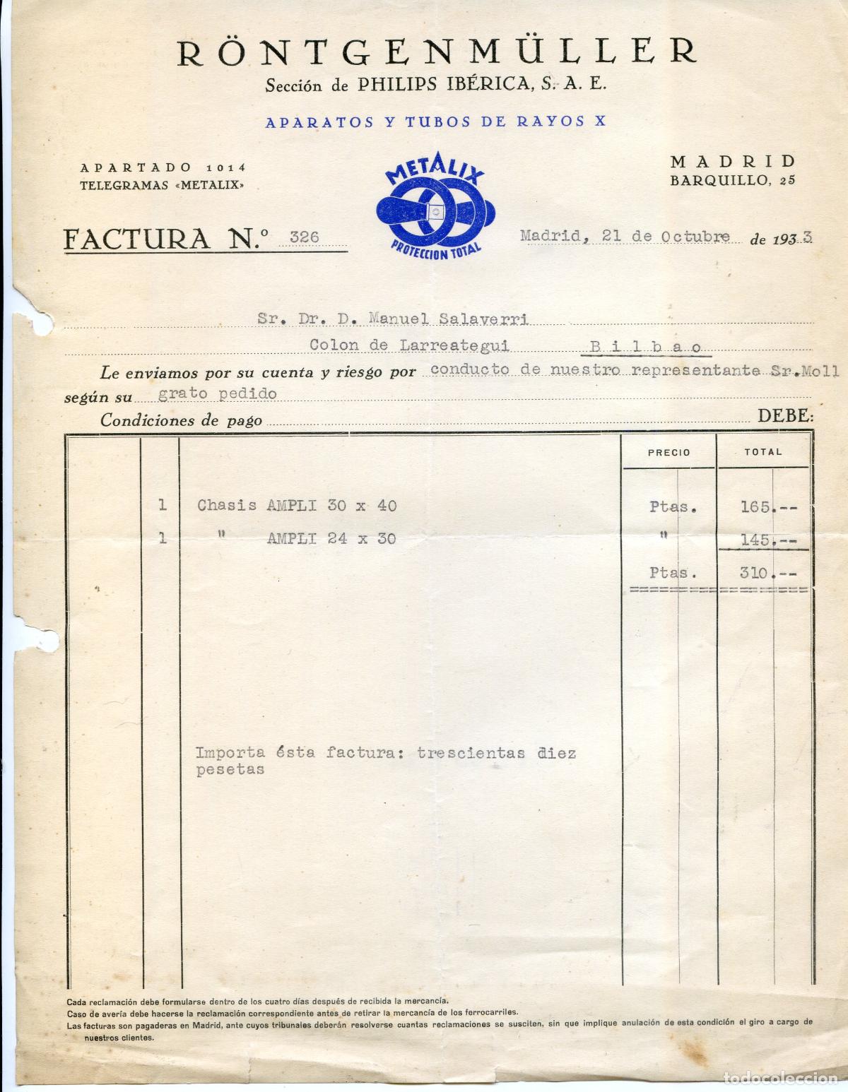 Facturas antiguas: Factura de R&ouml;ntgenm&uuml;ller, secci&oacute;n de Philips Ib&eacute;rica S.A.E. Madrid, 1933