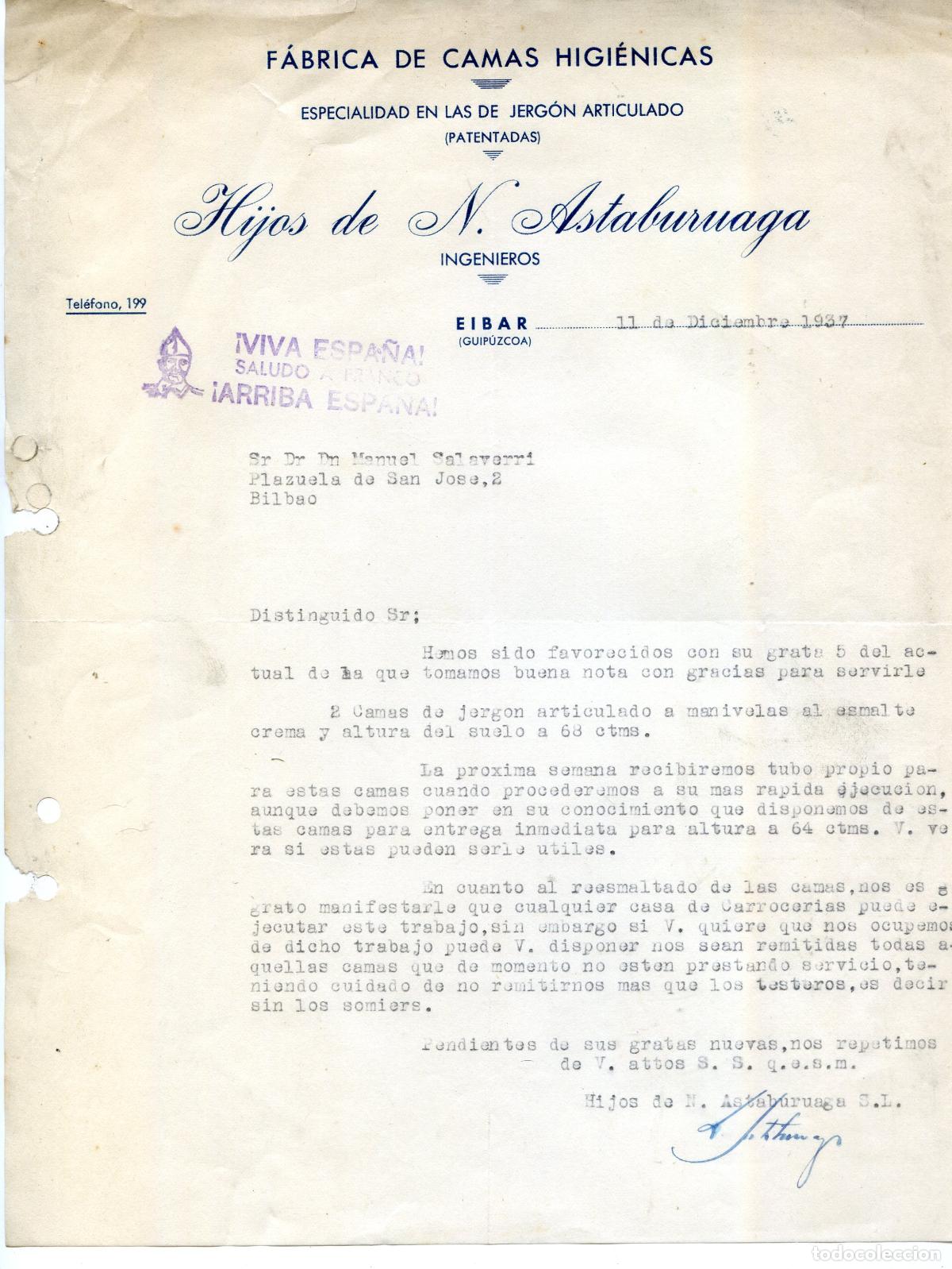 Facturas antiguas: Factura de Hijos de N. Astaburuaga, F&aacute;brica de camas higi&eacute;nicas 1937, guerra civil tamp&oacute;n patri&oacute;tico