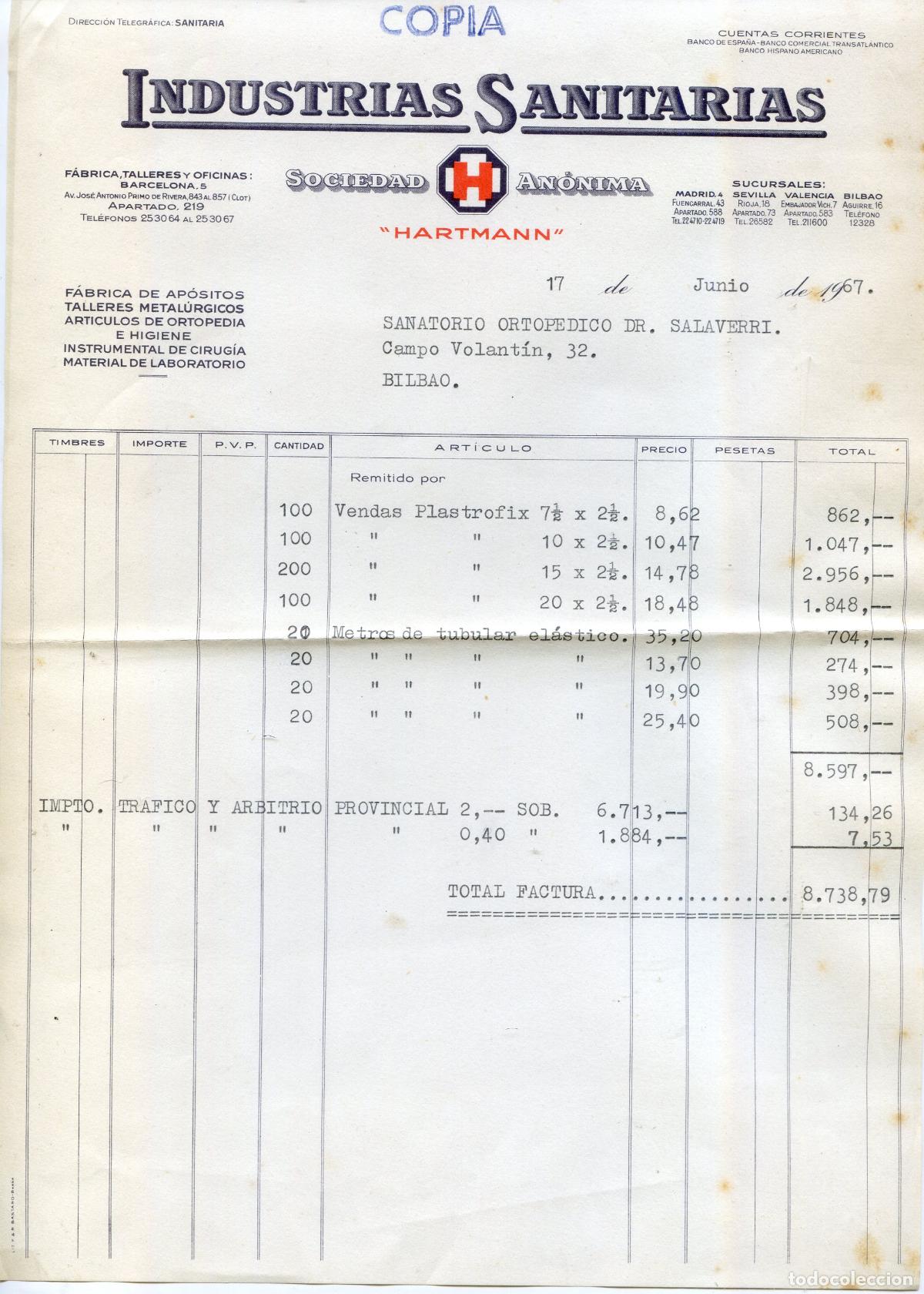 Facturas antiguas: Factura de Industrias Sanitarias, S.A. Hartmann, material sanitario