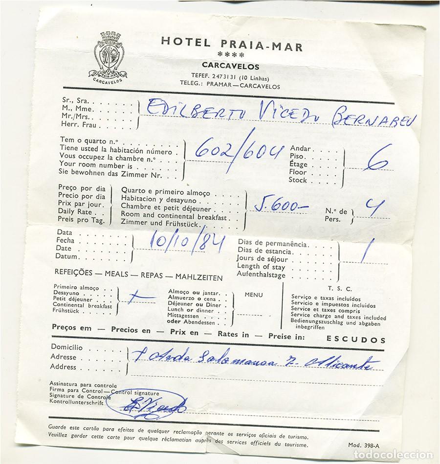 Facturas antiguas: RECIBO FACTURA HOTEL PRAIA - MAR CARCAVELOS PORTUGAL 1984