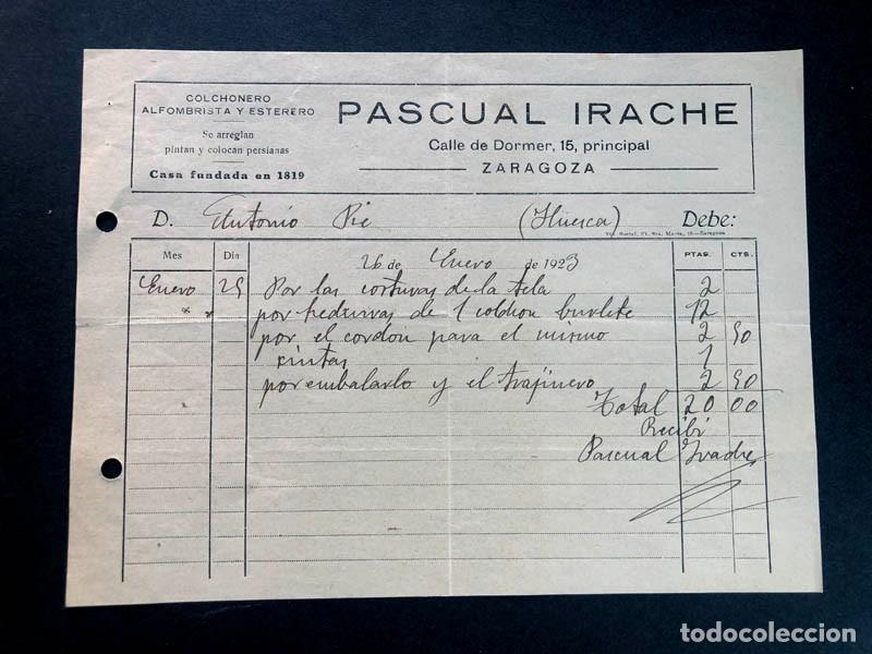 Facturas antiguas: ZARAGOZA 1923 / PASCUAL IRACHE / COLCHONERO Y ESTERERO
