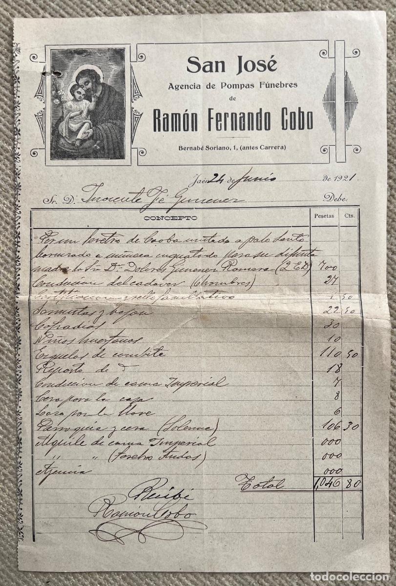 Facturas antiguas: Antigua factura San Jos&eacute; - Agencia de Pompas F&uacute;nebres de Ram&oacute;n Fernando Cobo - Ja&eacute;n, 1921
