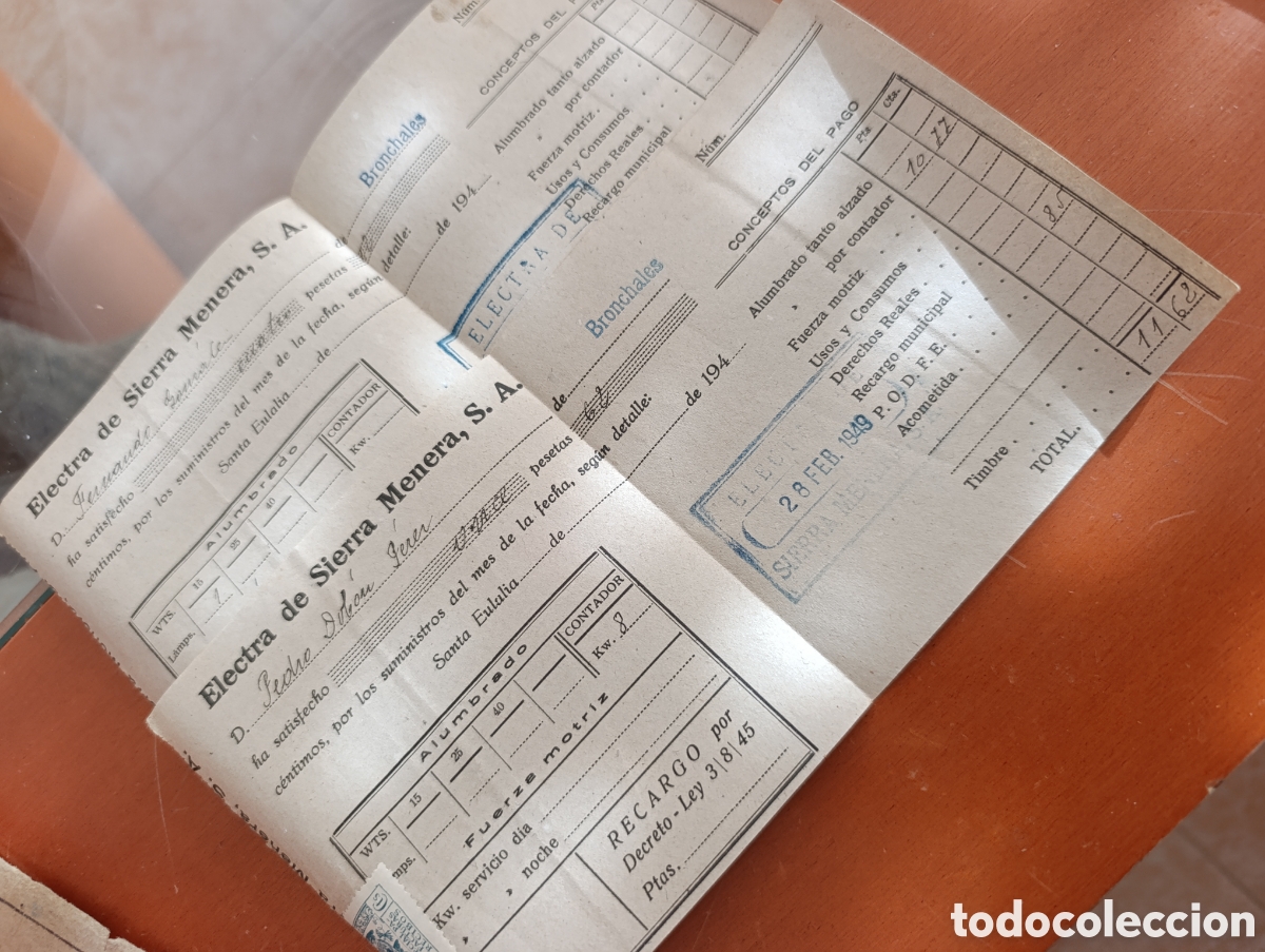 Facturas antiguas: Facturas de electricidad antiguas de &rdquo;Electra de Sierra Menera, S.A.&rdquo; fechadas en febrero de 1949.
