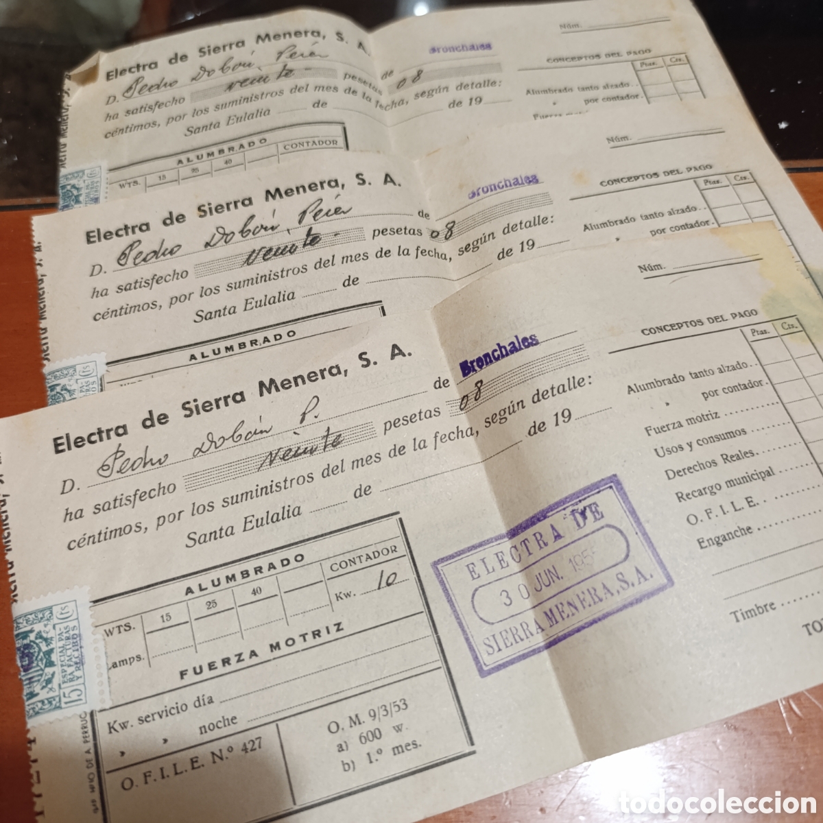 Facturas antiguas: Electra de Sierra Menera,recibos a&ntilde;o 1955,Santa Eulalia y Bronchales