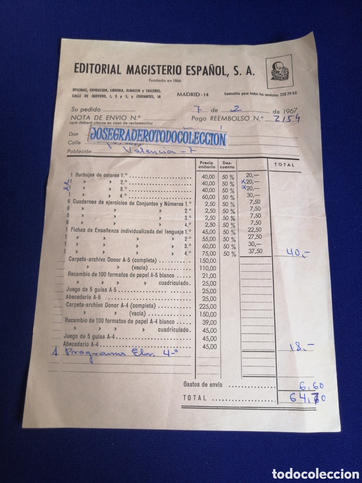 Facturas antiguas: EDITORIAL MAGISTERIO ESPA&Ntilde;OL, S. A.- NOTA DE ENV&Iacute;O A&Ntilde;O 1967