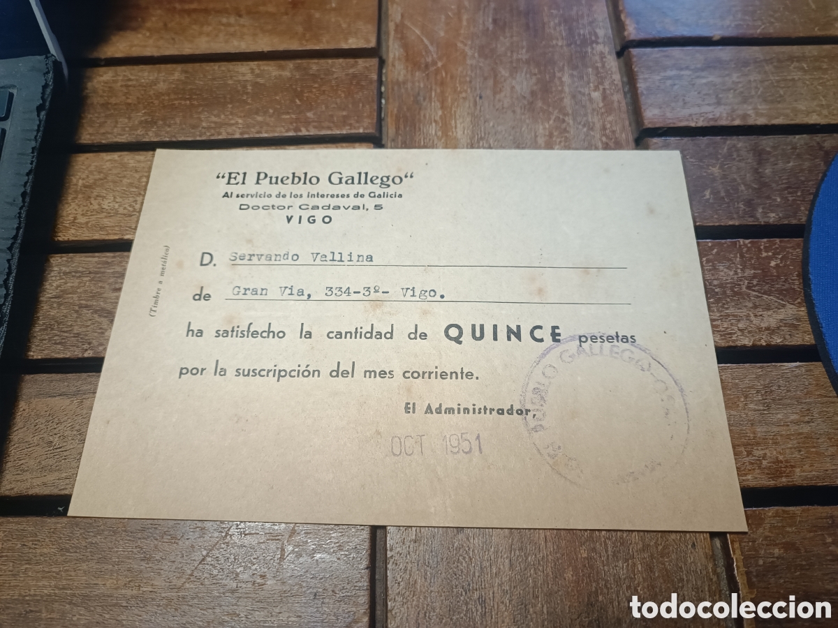 Facturas antiguas: Recibo de suscripci&oacute;n al peri&oacute;dico el pueblo gallego octubre 1951 15 pesetas