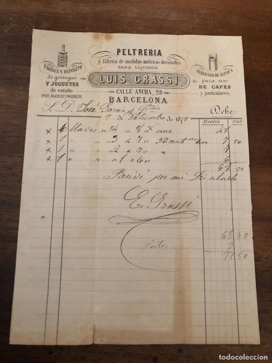 Facturas antiguas: ENCABEZADO PELTRER&Iacute;A LUIS GRASSI, BARCELONA, 7 DE SEPTIEMBRE DE 1879