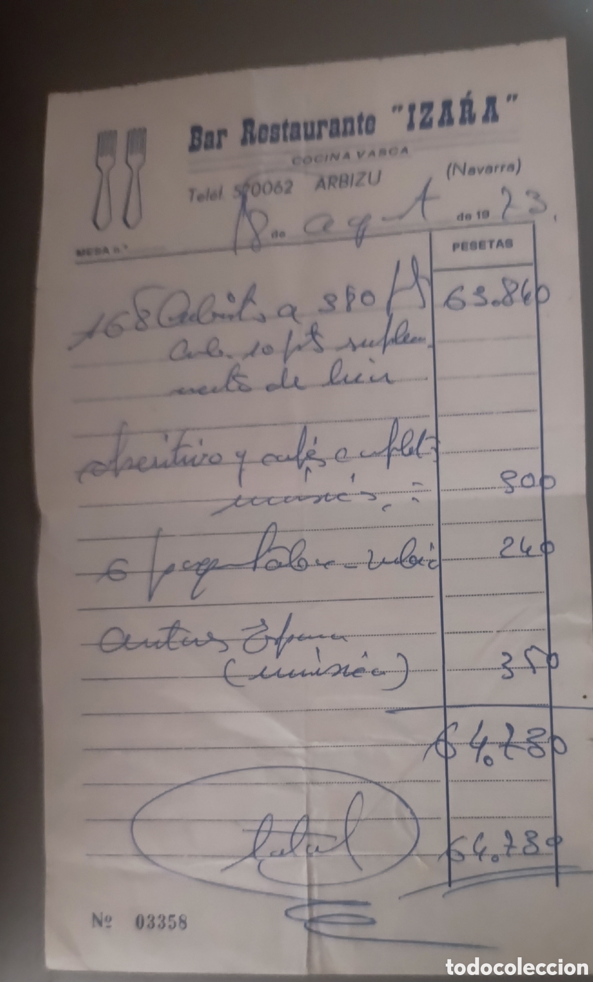 Facturas antiguas: Antiguo ticket / factura Bar Restaurante Izara - Arbizu (Navarra) - A&ntilde;o 1973