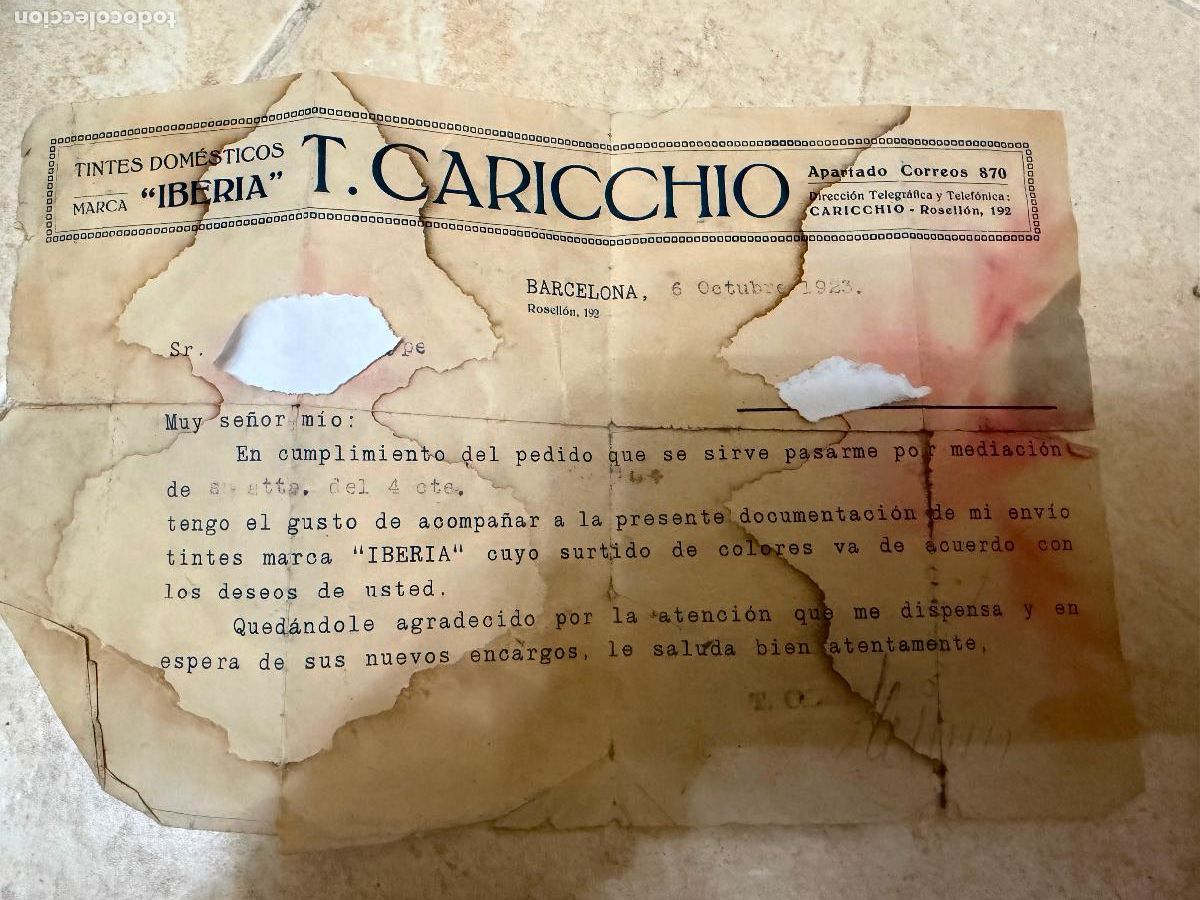 Facturas antiguas: Factura tintes Iberia t. Caricchio 1923