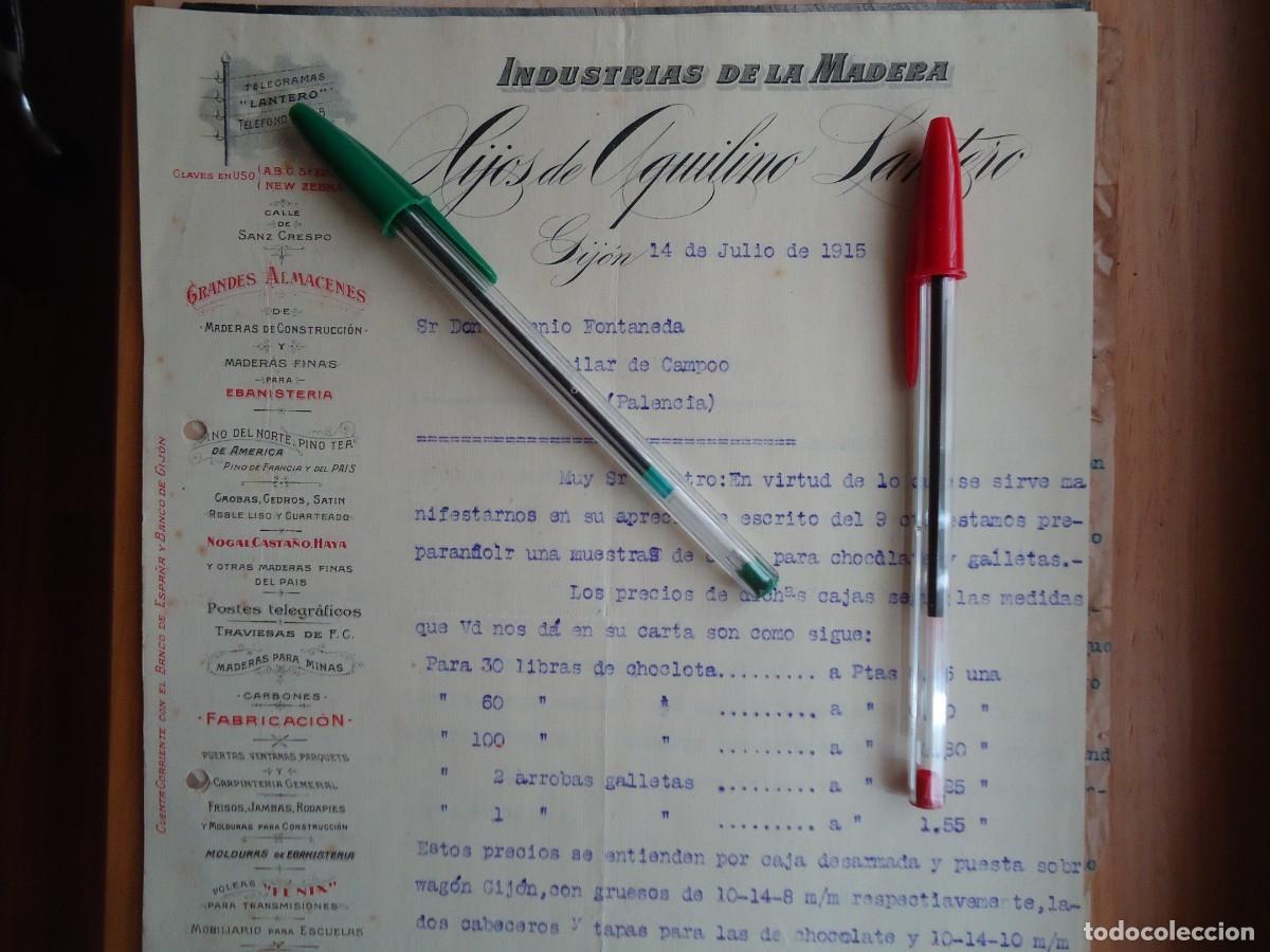 Facturas antiguas: madera aquilino santero gijon asturias 1915 asturiana gijones galleta chocolate cacao telegrama