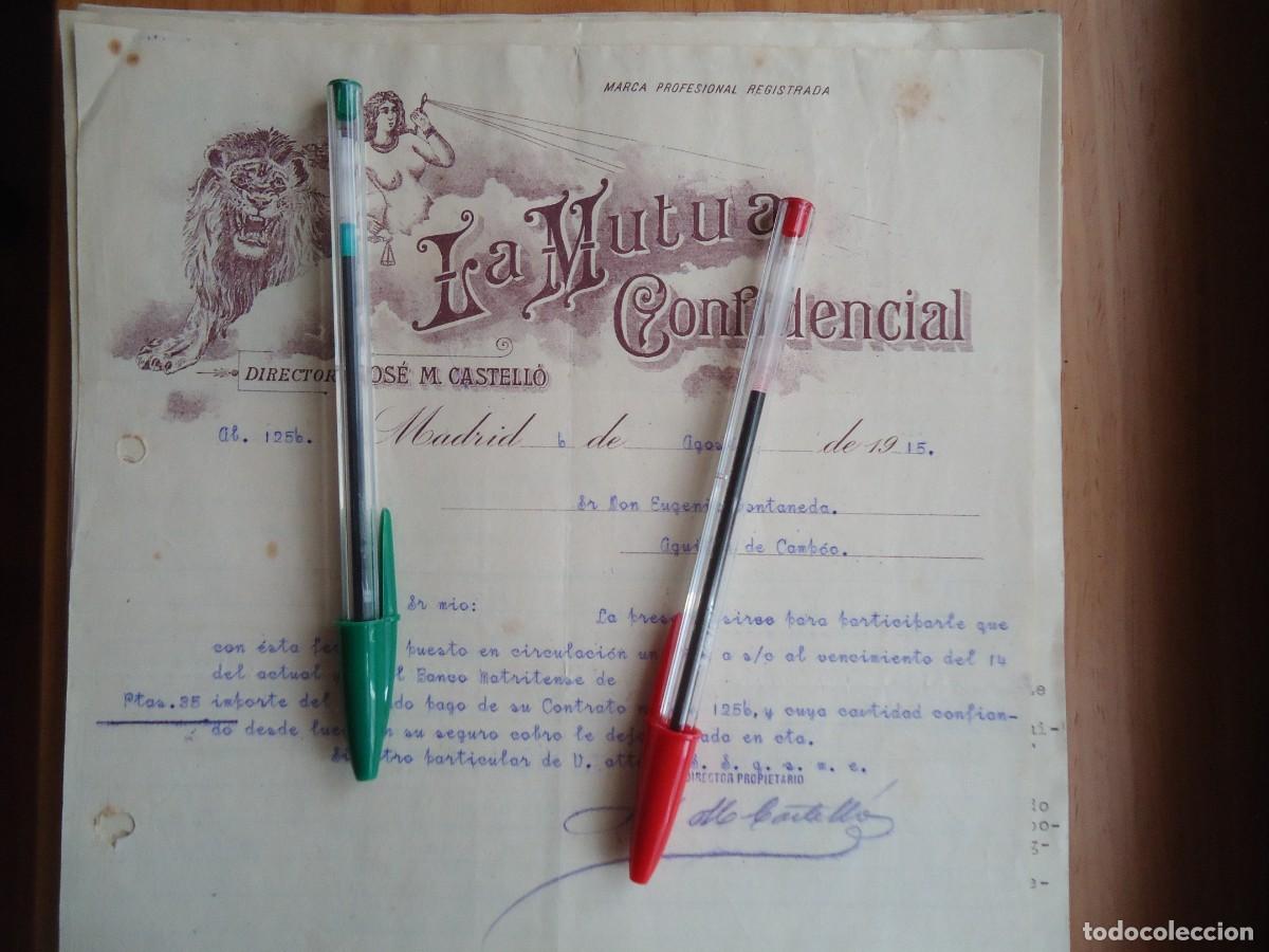 Facturas antiguas: factura 1915 mutua confidencial madrile&ntilde;a compa&ntilde;ia seguros madrid matritense art noveau leon diosa