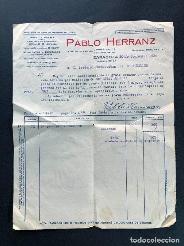 Facturas antiguas: ZARAGOZA 1934 / PABLO HERRANZ / IMPORTADOR DE RAFIA DE MADAGASCAR / PALMA / ALPARGATAS